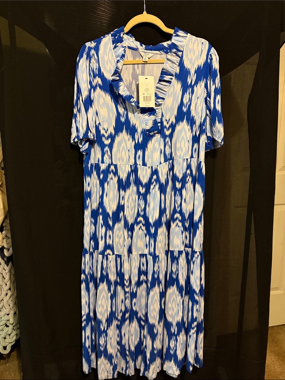 crown & ivy Blue and White Ikat Ruffle-Neck Dress